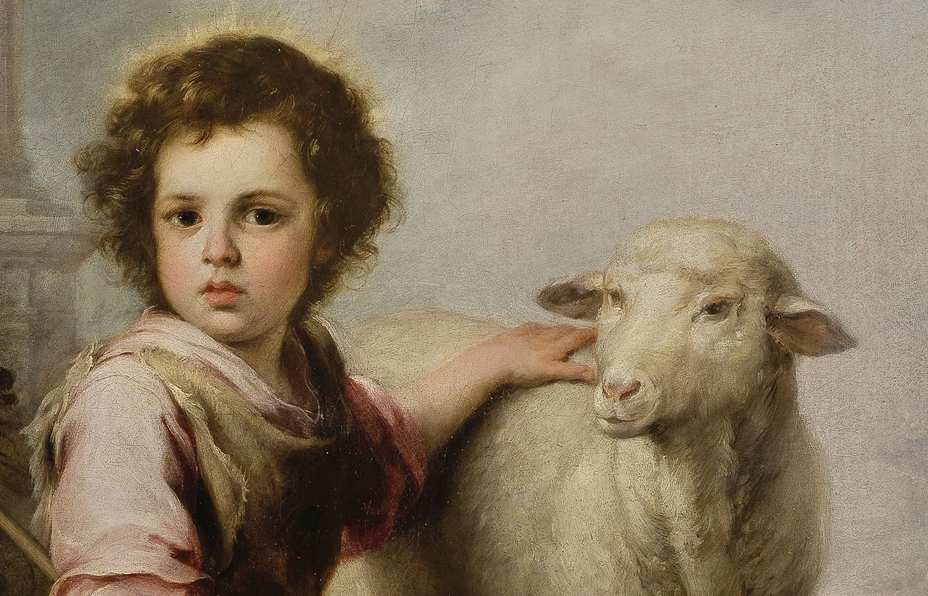 The child's hand rests on the sheep's back as on something that belongs to him.