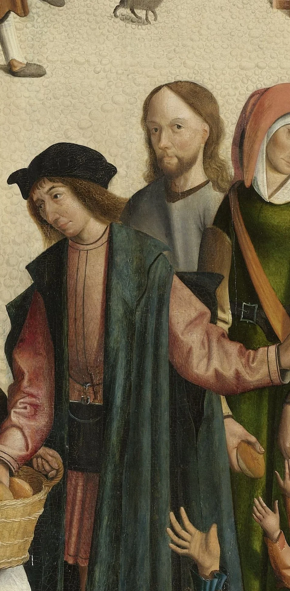 Christ stands in the middle of the queue and looks out of the picture at us.