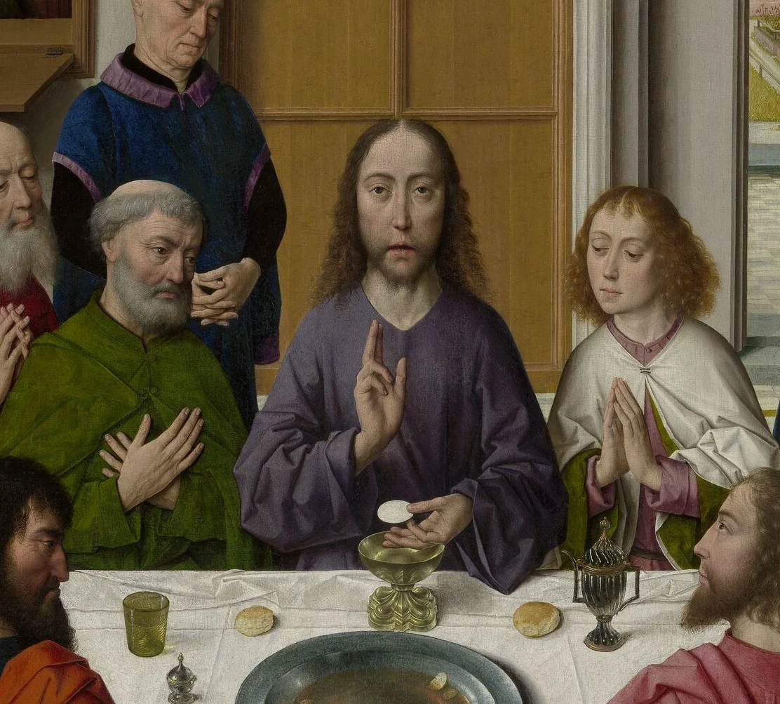 Christ blesses the host above the chalice, like a priest at Mass.