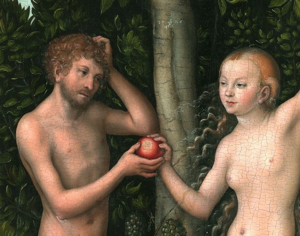 Adam already holds the apple and scratches his head. Eve looks at him; with her other hand she holds on to a branch.