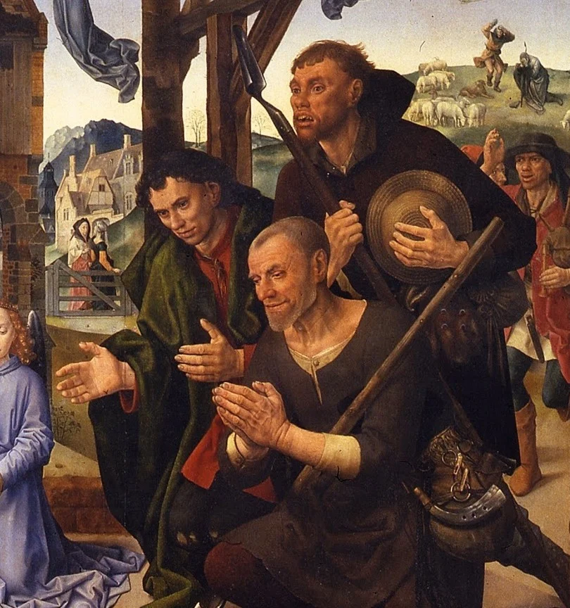 The three shepherds have come running. One is already kneeling, one folds his hands, the third is still arriving.