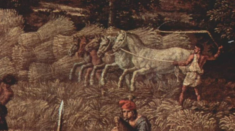 Am Feldrand drischt ein Gespann Pferde das Korn, wie auf einem antiken Relief.