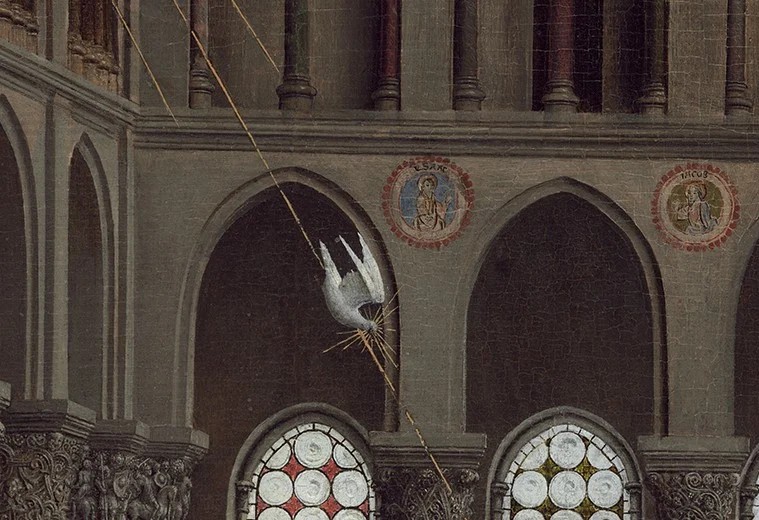 Seven rays fall from the upper window, and the dove comes down on them.