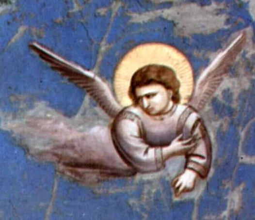 The angel turns round in flight to see whether they are following.