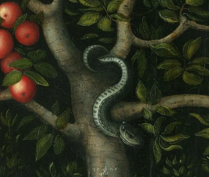 The serpent hangs in the branches directly above the two and watches.
