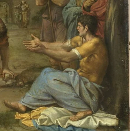 A young man sits by the clothes the others have laid down. Luke gives his name: Saul, the later apostle Paul.