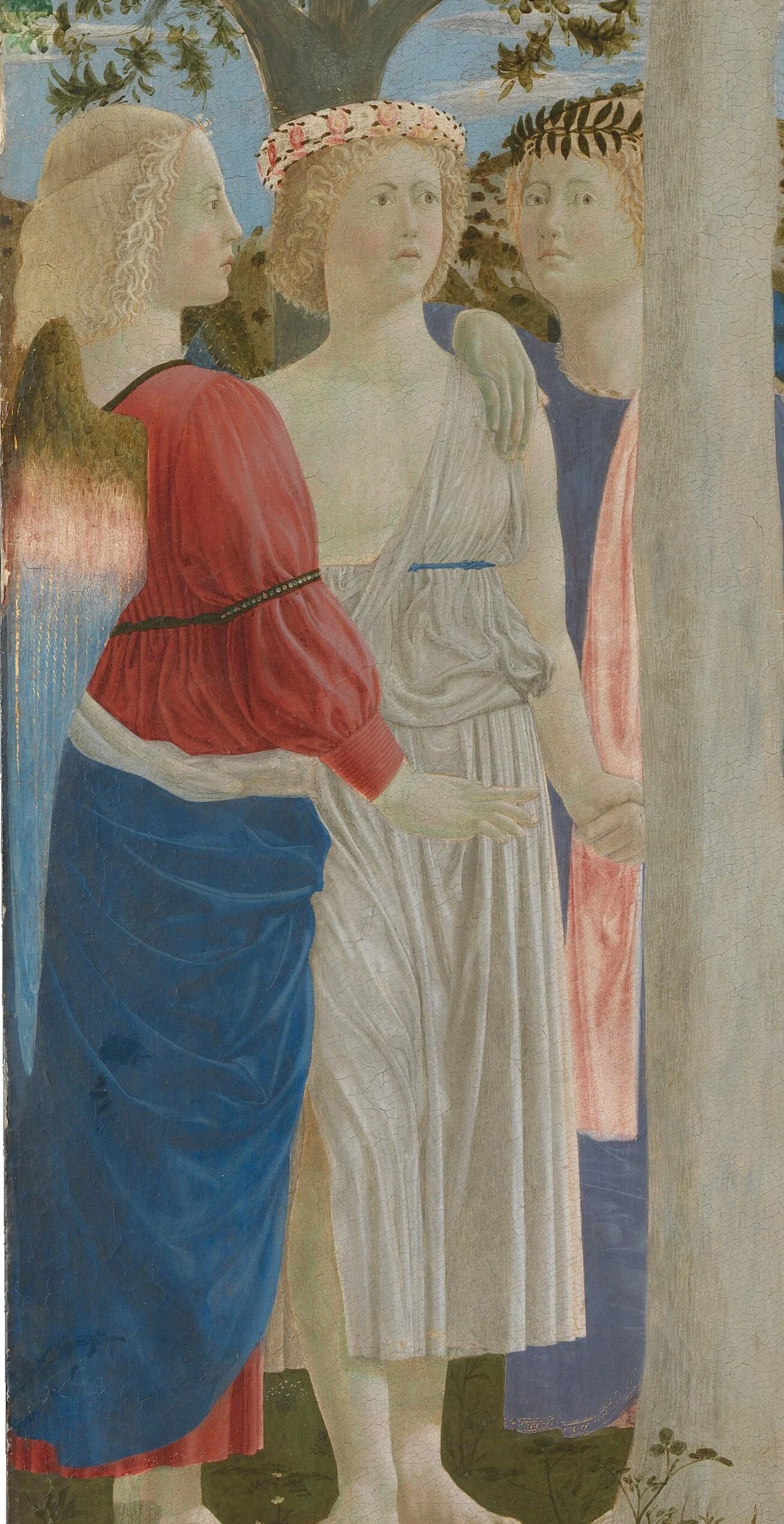 The three angels hold hands. They do not carry Christ's clothes, as angels usually do in this scene.