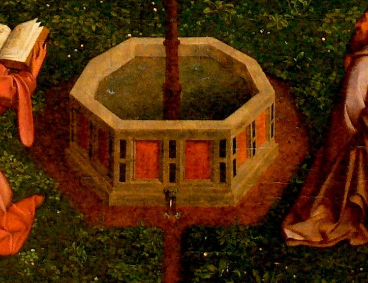 Im Vordergrund der Brunnen des Lebens: „ein lauterer Strom des lebendigen Wassers, klar wie ein Kristall“ (Offenbarung 22,1).