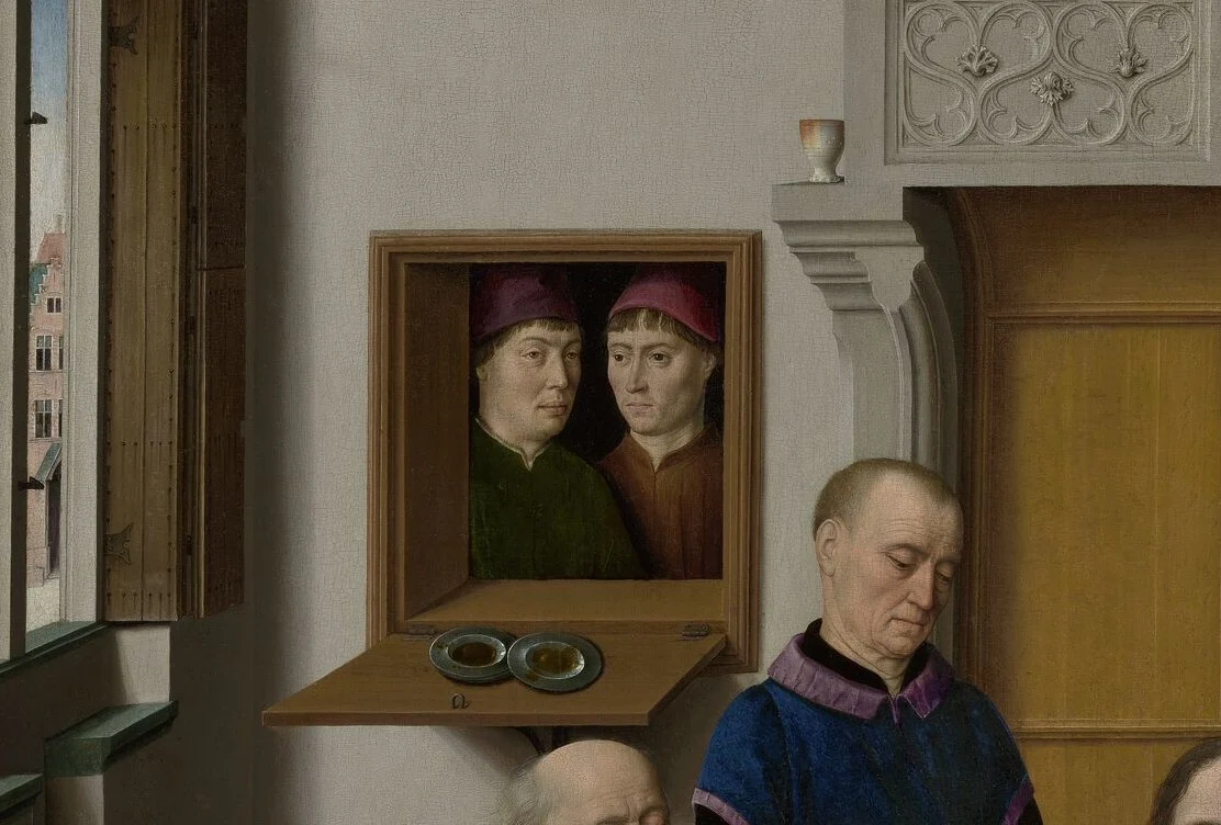 Two men look in through the serving hatch. They and the two standing servants are thought to be portraits, perhaps of members of the brotherhood that paid for the altarpiece.