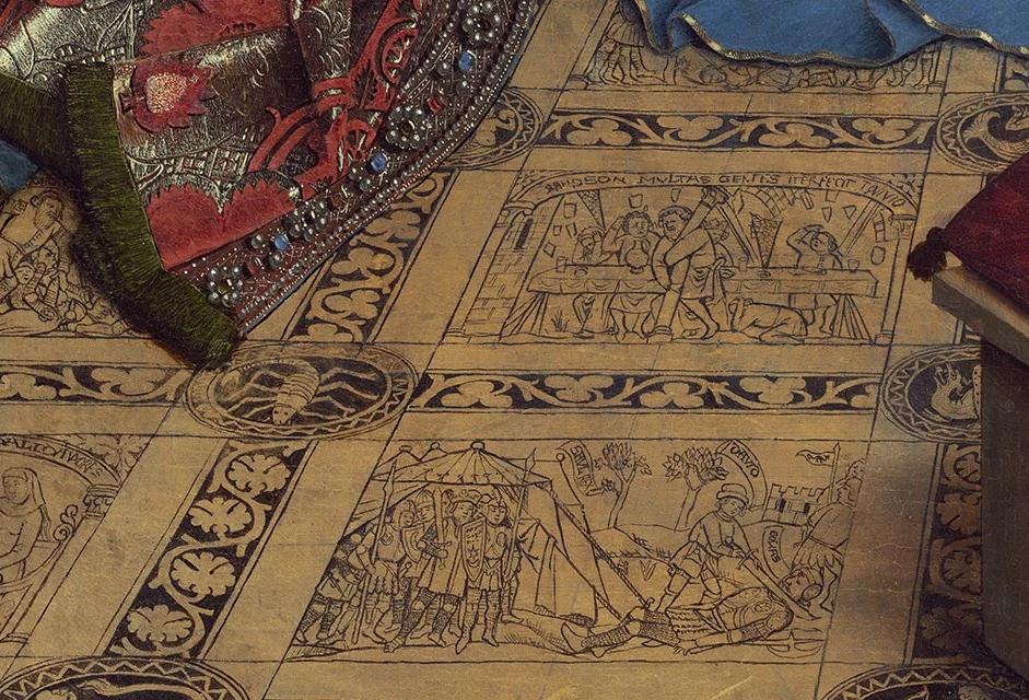 The floor tiles show scenes from the Old Testament, among them David killing Goliath and Samson pulling down the temple.