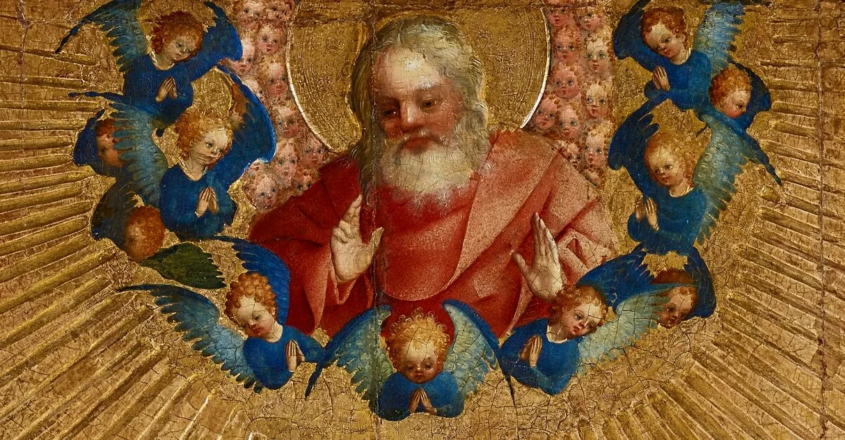 Über dem Altar erscheint Gottvater zwischen blauen Engeln.