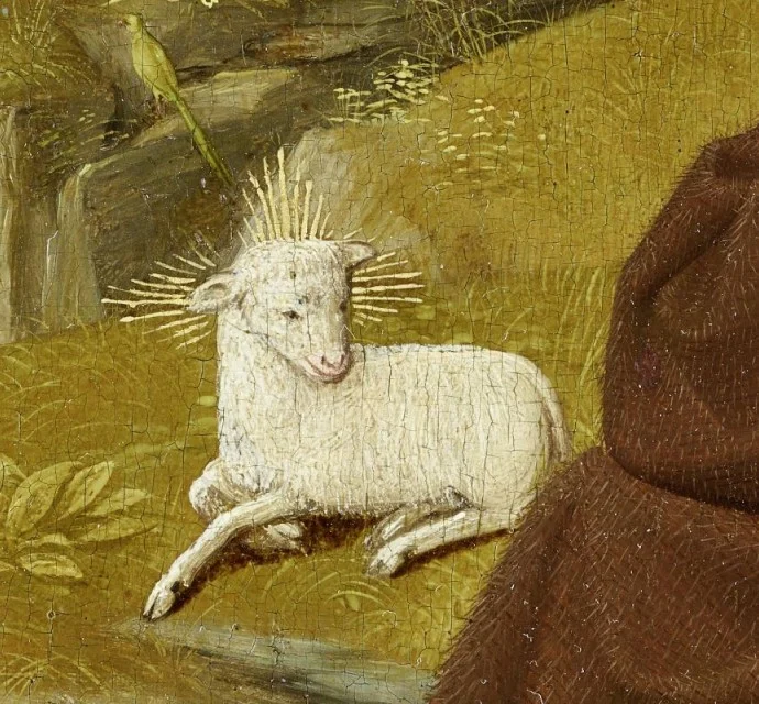 Das Lamm, mit feinem Heiligenschein: „Siehe, das ist Gottes Lamm.“