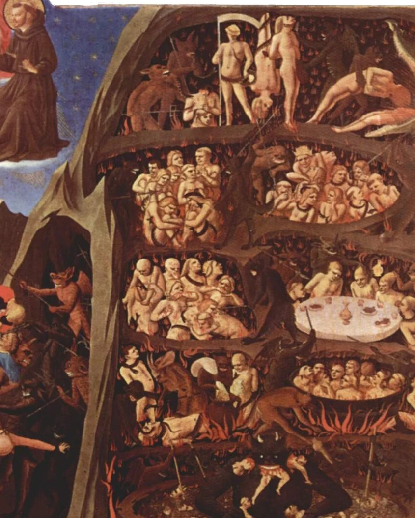 Die Hölle ist in Kammern geteilt, für jede Sünde eine, mit dem Satan ganz unten.