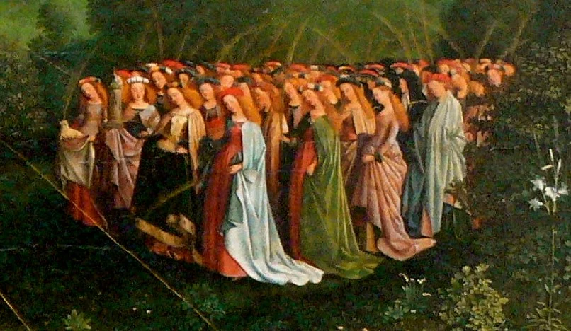 Die heiligen Jungfrauen kommen mit Palmen aus dem Wald, dem Zeichen der Märtyrer.