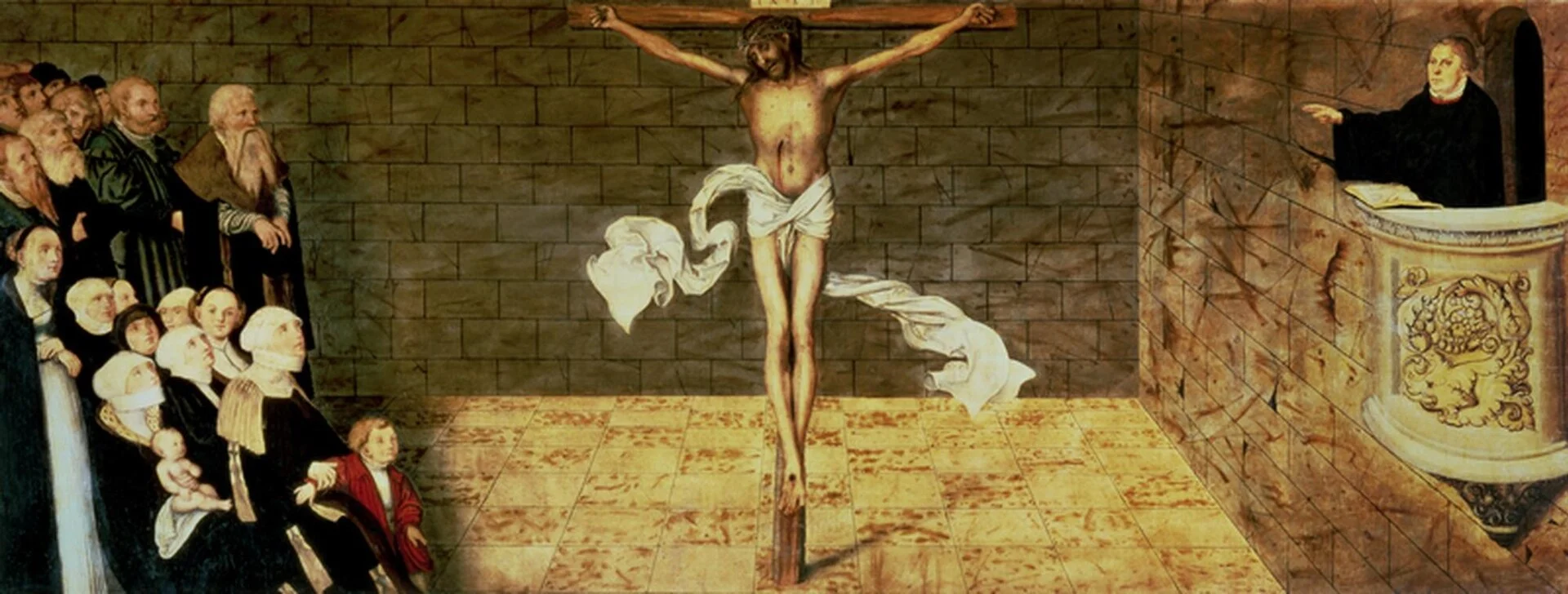 Lucas Cranach the Elder, Wittenberg Altarpiece, predella: Luther Preaching, 1547