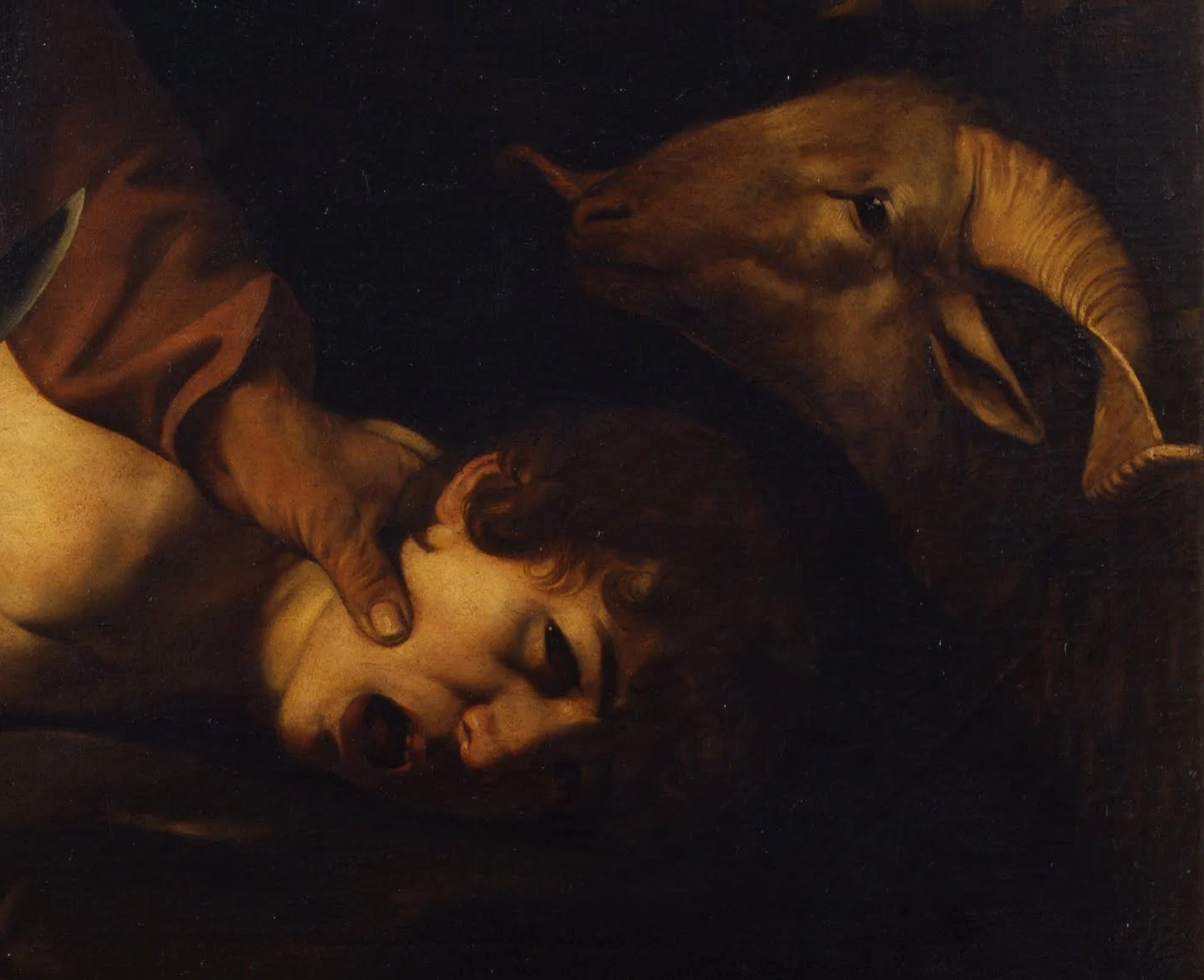 Isaac's scream and the quiet head of the ram lie side by side. Abraham's thumb presses into his son's cheek.