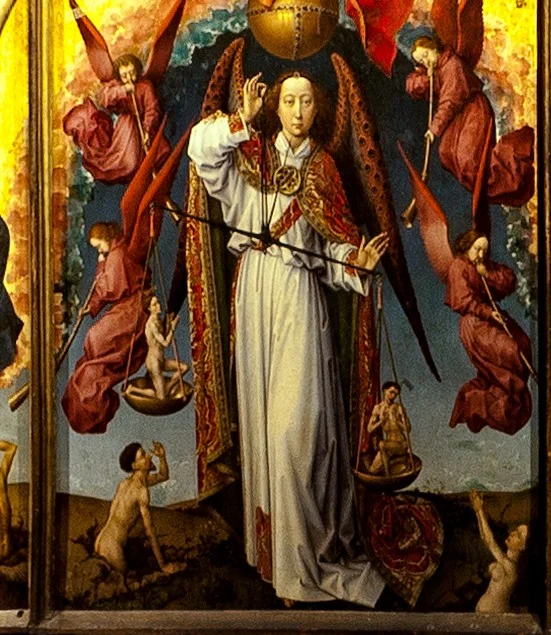 Michael looks straight ahead and holds the scales. In one pan a soul kneels, in the other one cries out.