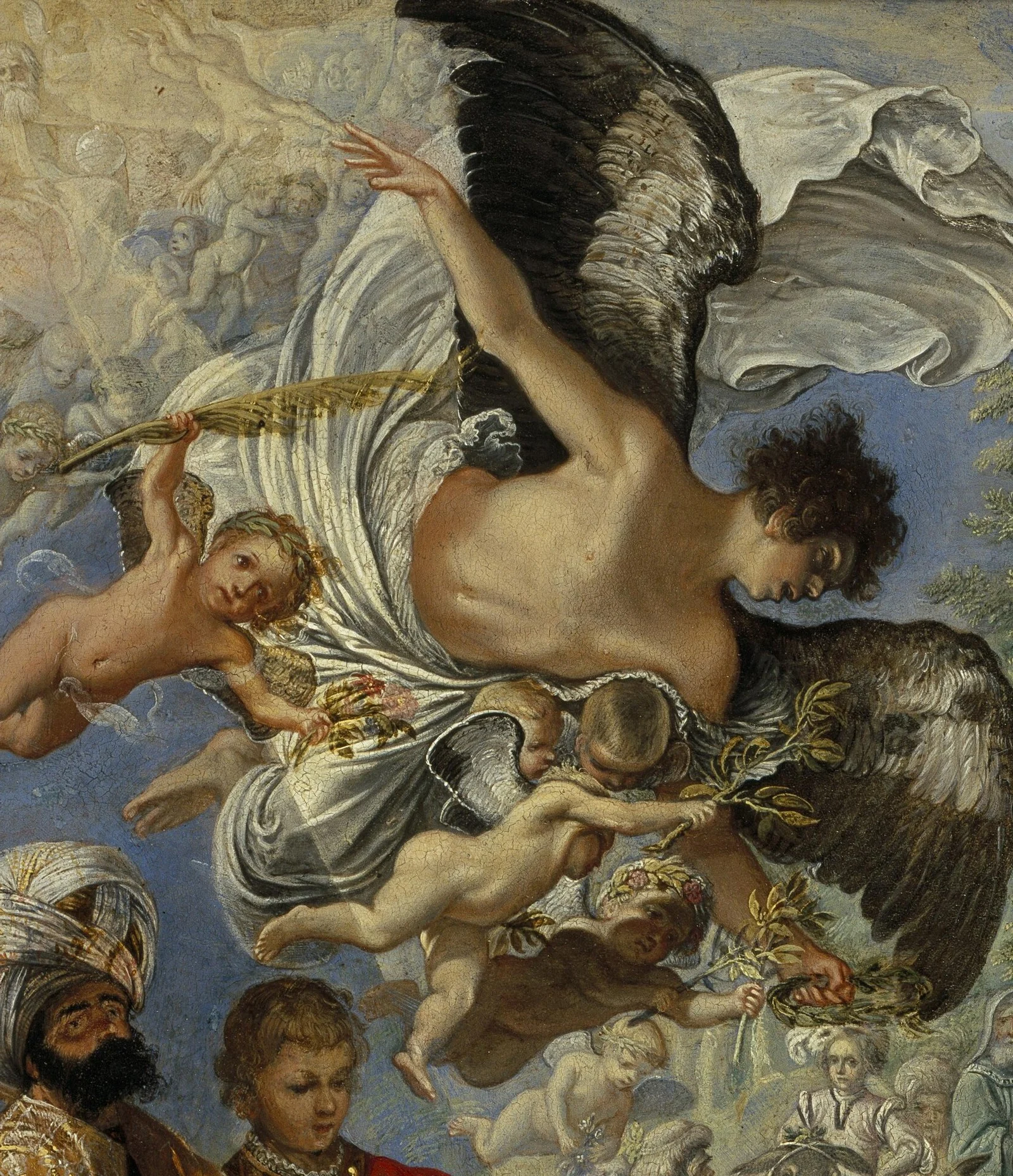 Angels tumble down the beam of light, one of them with the martyr's palm.