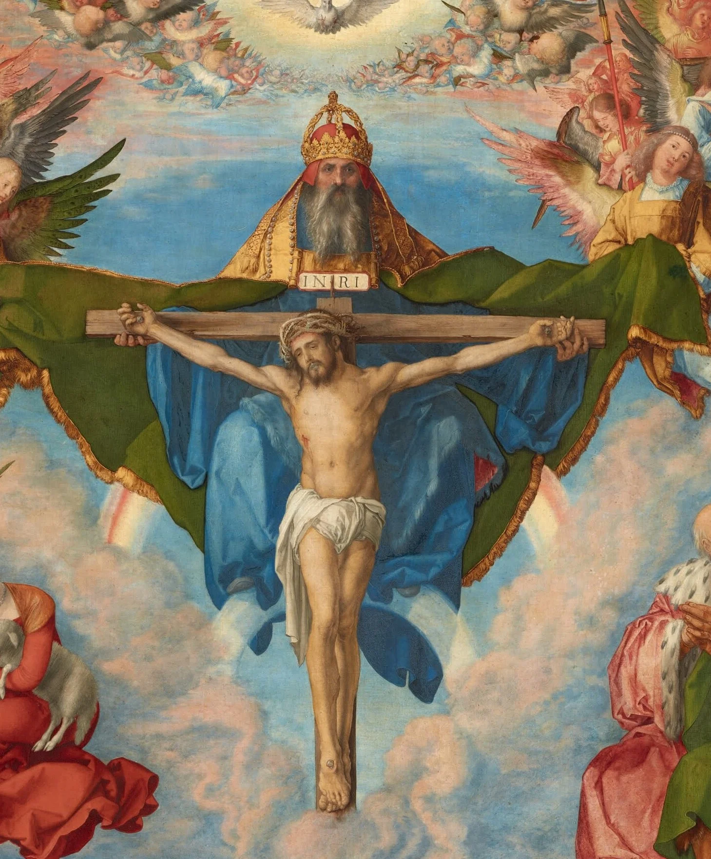 The Father presents the Son on the cross, his cloak held open by angels.