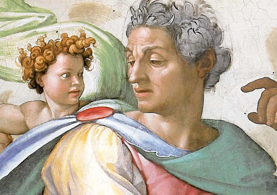 The child speaks urgently; the prophet listens with half-closed eyes, still in his own thoughts.