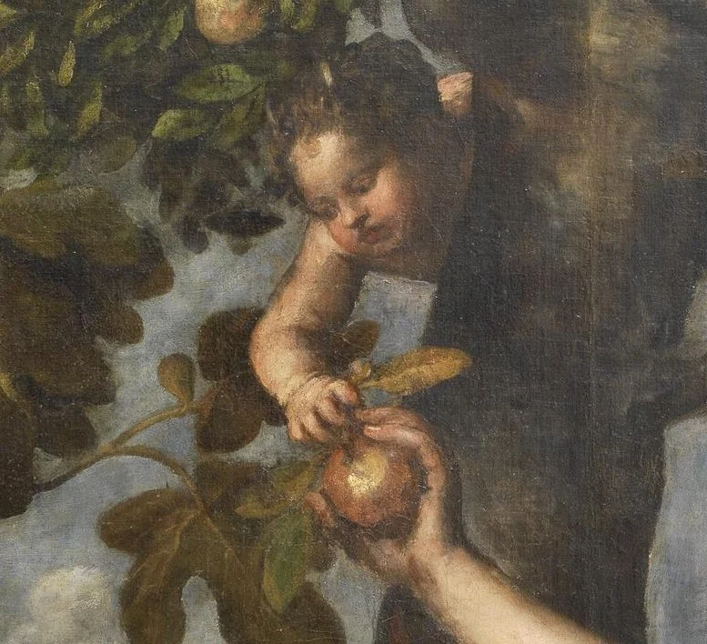 The serpent has the upper body of a child and hands Eve the fruit like a playmate.