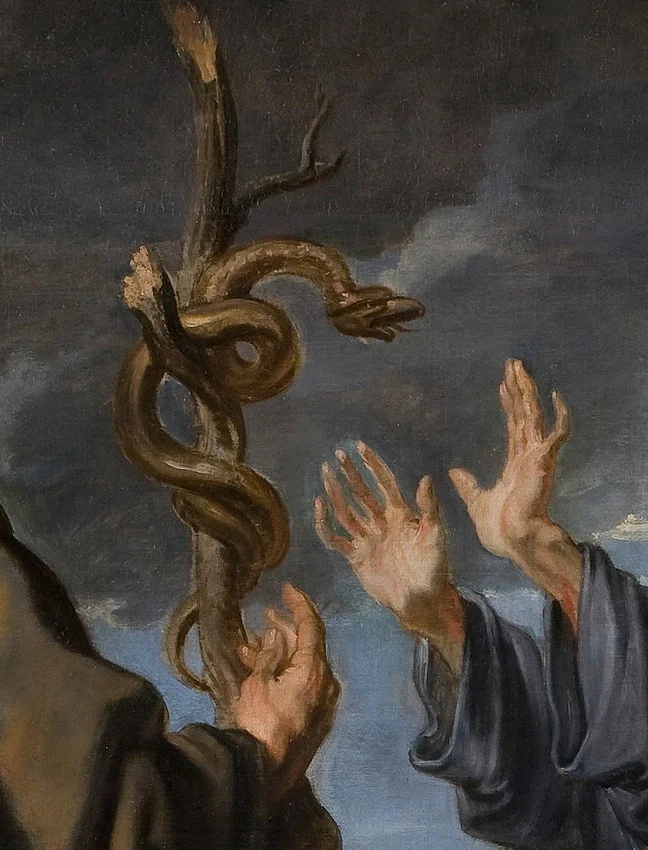 Moses, seen from behind, holds up the pole with the serpent of brass, and hands stretch out towards it.