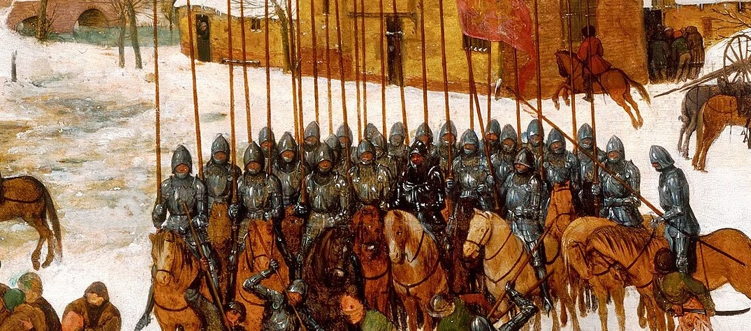 The horsemen stand in a closed block with raised lances. Nobody gets out of the village.