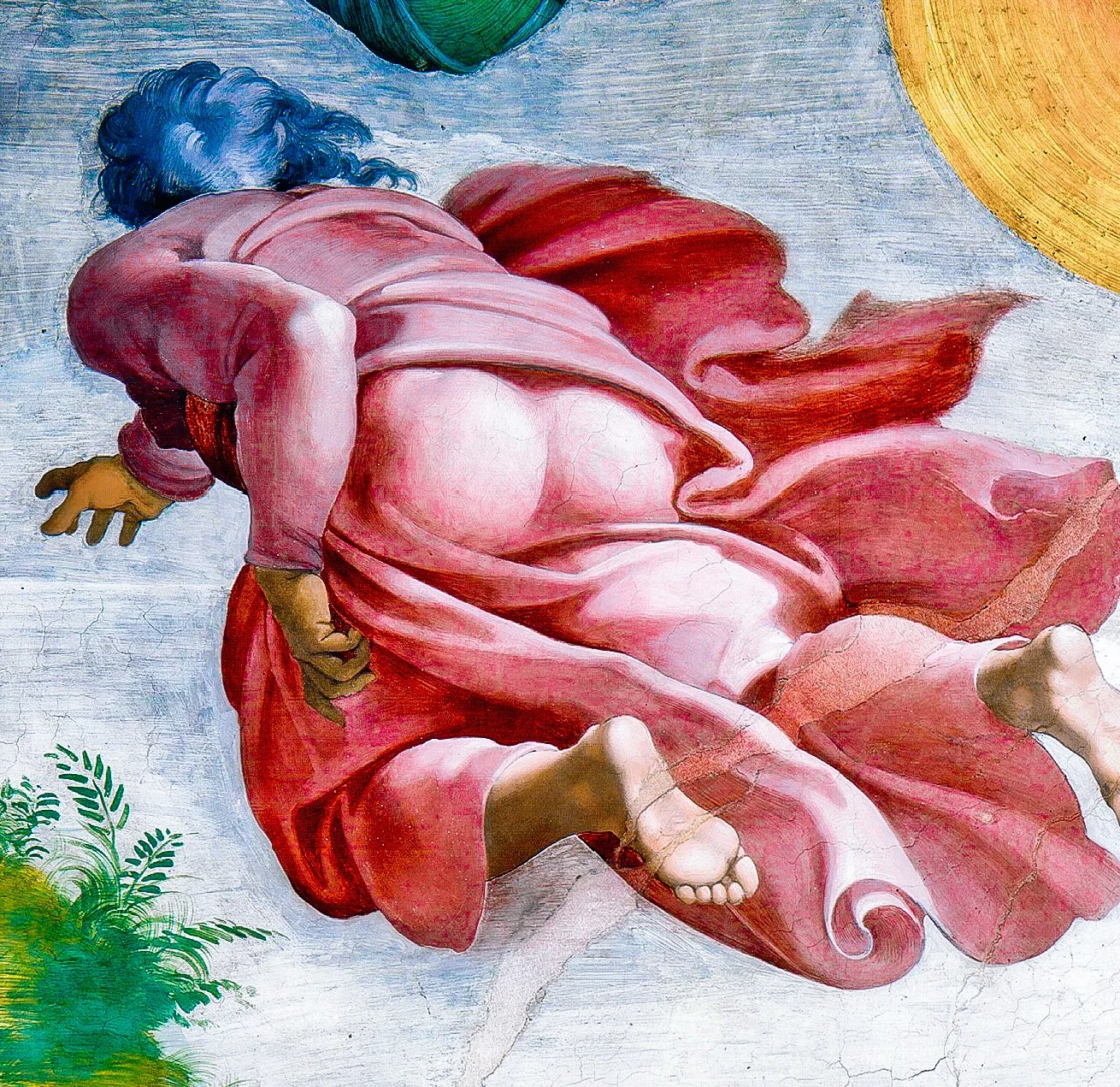 The same figure a moment later, seen from behind, the soles of his feet towards us. Under his hand the first green appears.