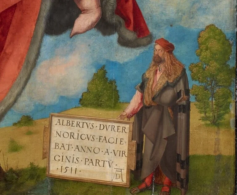 Alone in the landscape below stands Dürer himself, beside a tablet with his name and the year 1511.