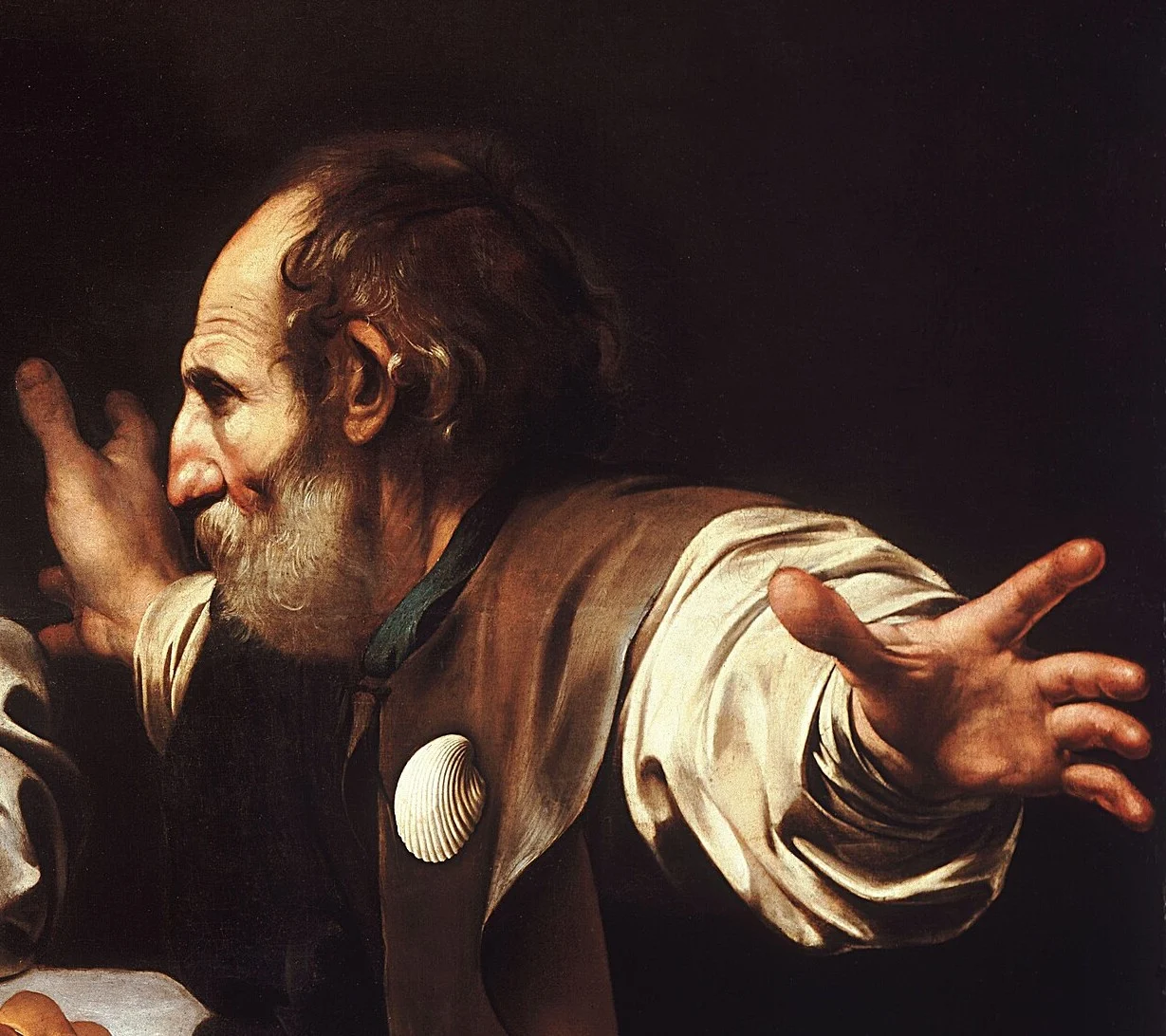 The disciple's arms span the depth of the picture, from the wall to our side of the canvas. On his chest he wears the shell of a pilgrim.
