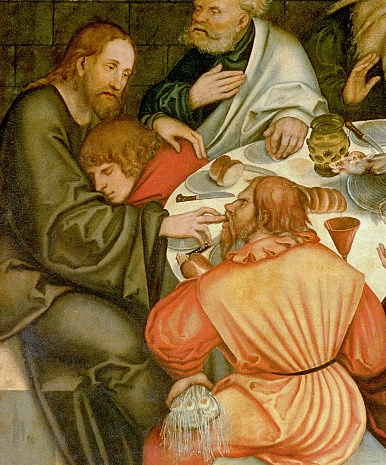 Christ puts the morsel into the mouth of Judas, who sits in yellow with one foot already outside the circle. The purse hangs at his side.