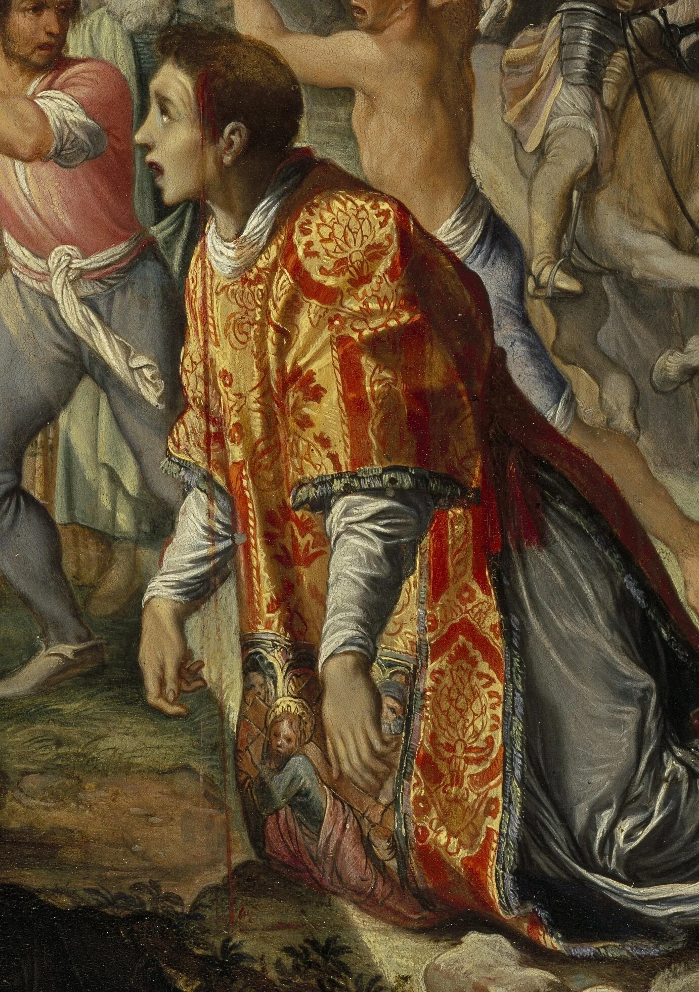 Stephen wears the dalmatic of a deacon, embroidered in red and gold, and looks up into the light.