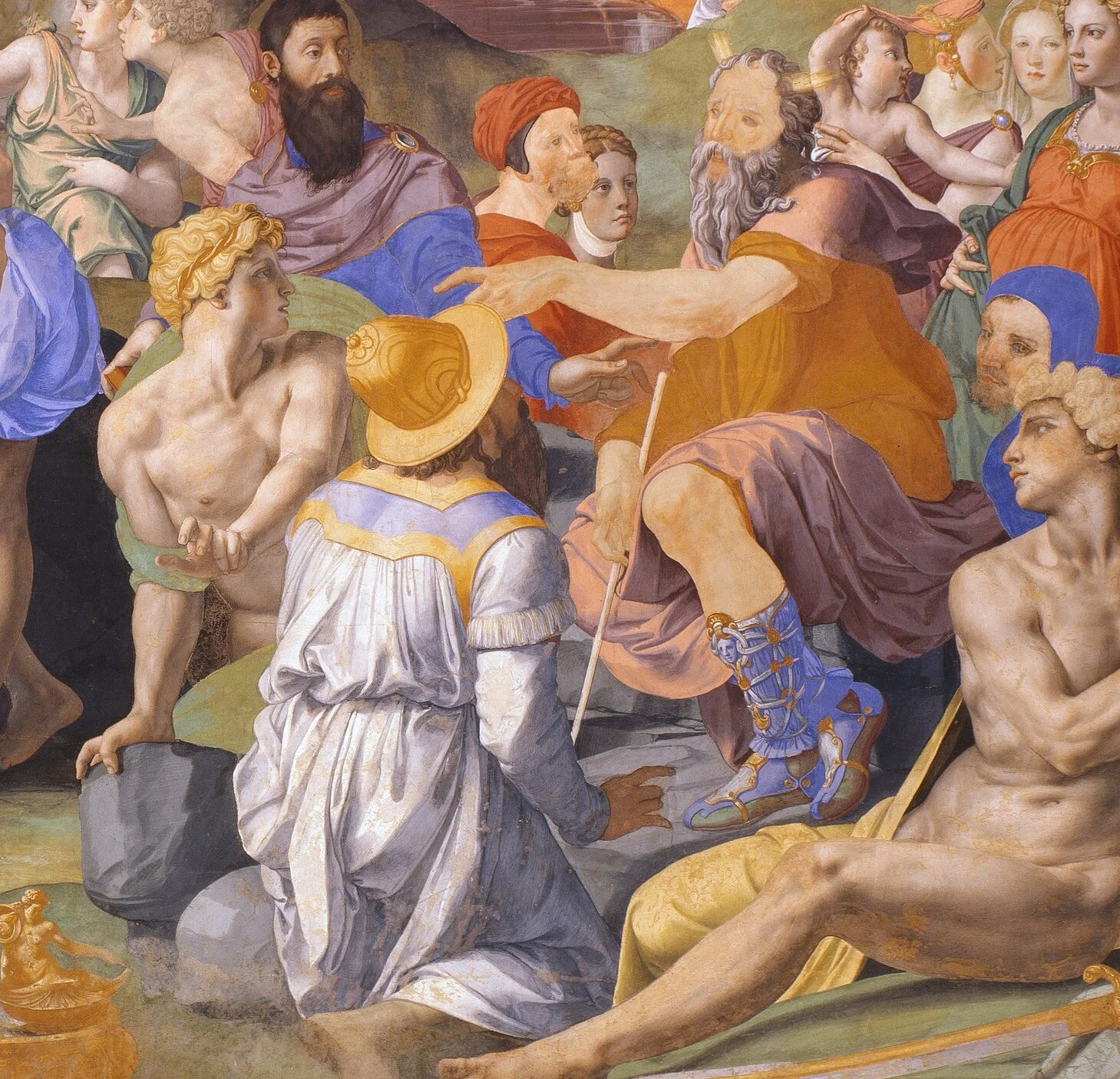 The group on the right belongs to a later scene: Moses appoints Joshua as his successor.