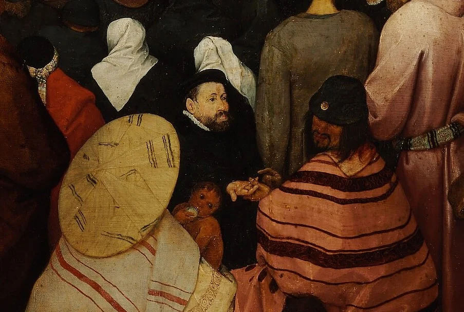 In the foreground a man in black has his palm read by a fortune-teller while the sermon goes on.