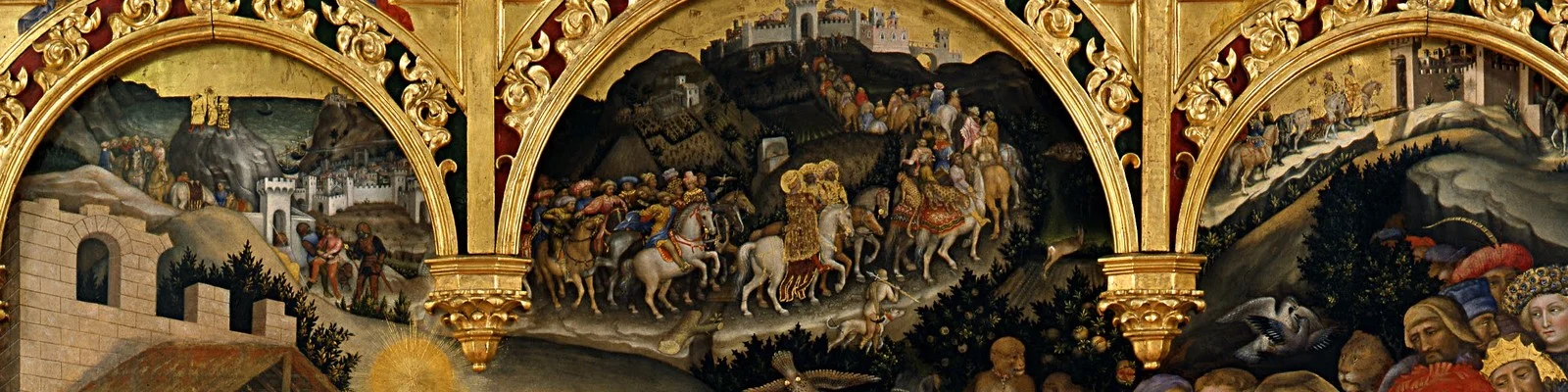 The journey of the kings in the three arches, with towns, hills and a long train of riders.