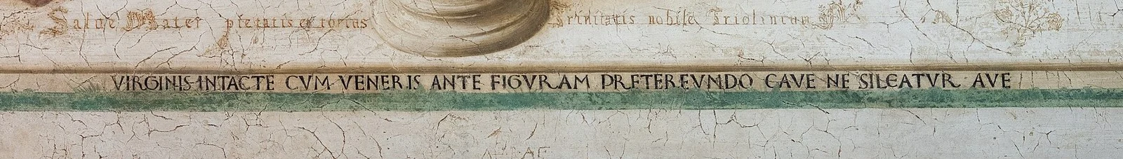 The inscription on the step speaks to the friar who passes: when you come before the image of the inviolate Virgin, take care not to forget to say an Ave.
