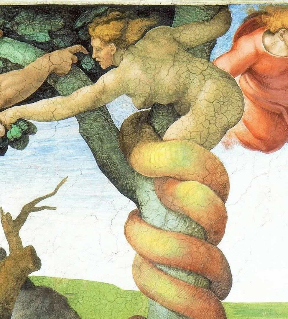 The serpent ends in a woman's body and hands the fruit down to Eve.
