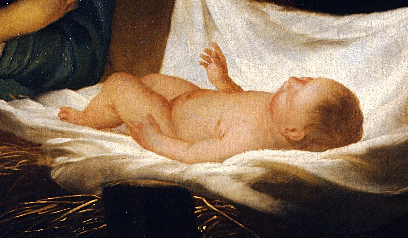 The child is the only source of light. Mary lifts the cloth as if she were uncovering a lamp.