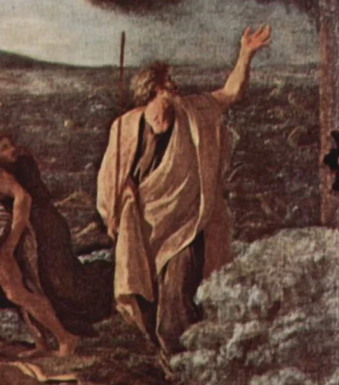 Moses stands at the edge and raises his arm over the sea.