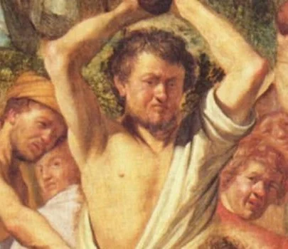 Directly above Stephen a face looks out between the arms. It is generally taken to be the young Rembrandt himself.