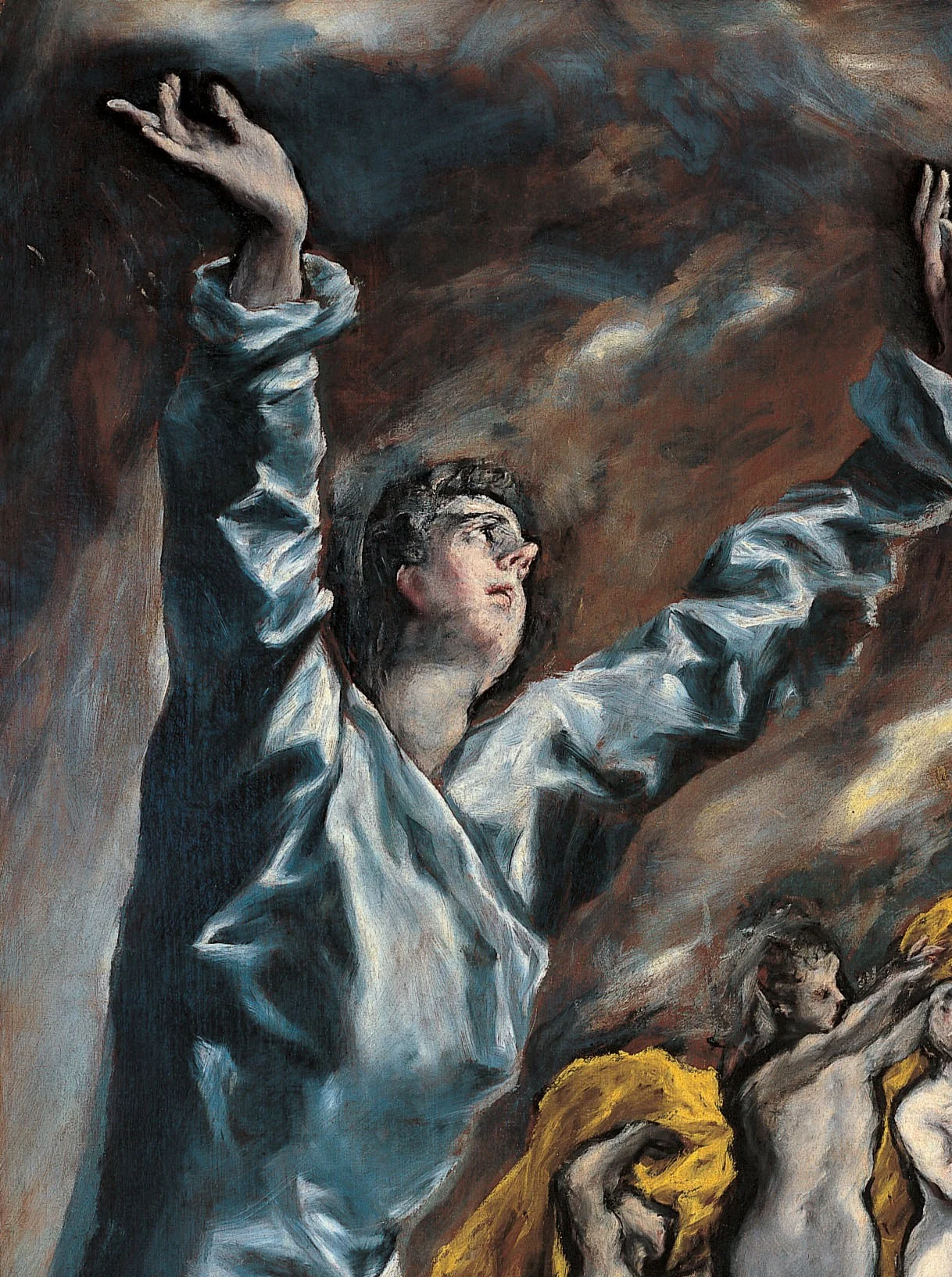 John's hands reach beyond what the canvas still shows.