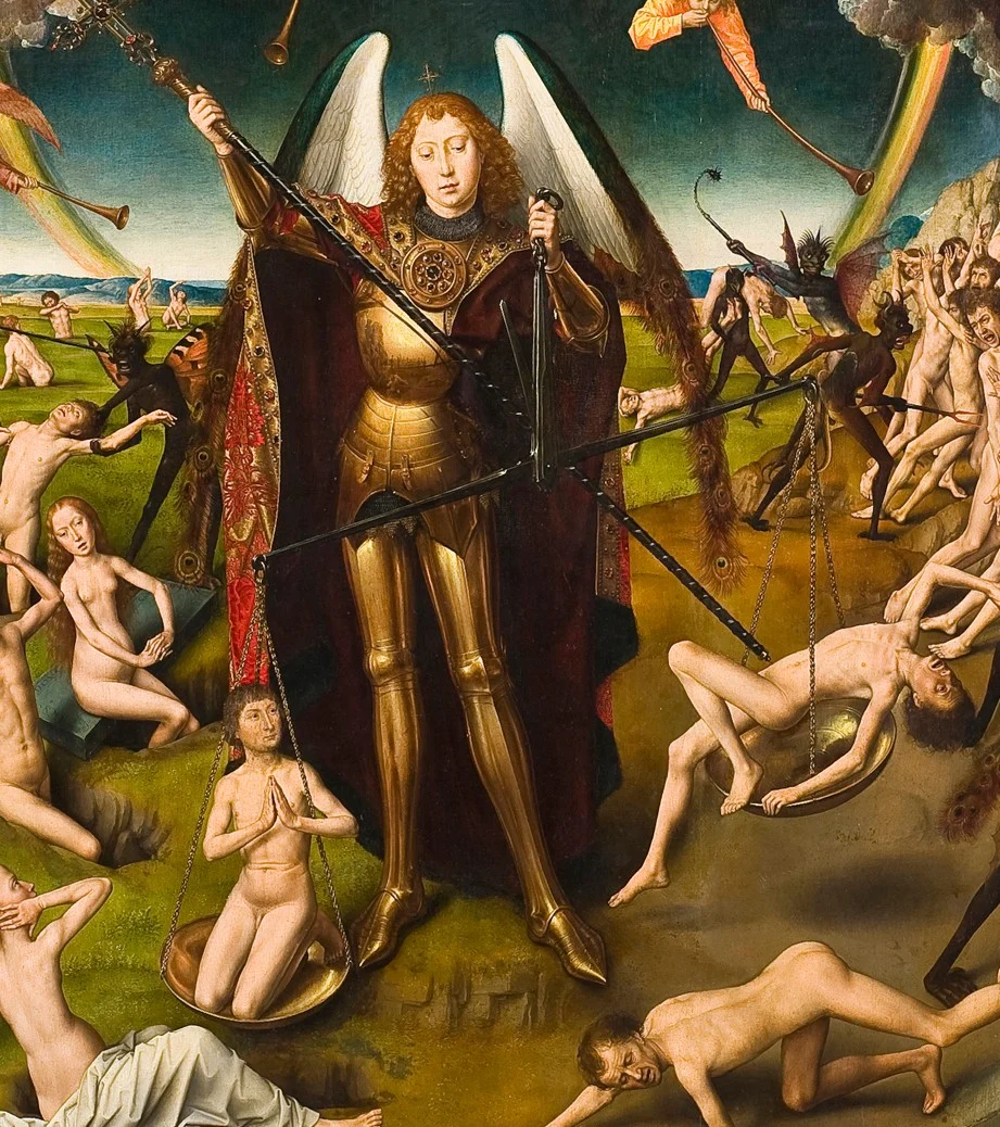 A kneeling soul weighs heavier than a despairing one. In Michael's breastplate the scene is mirrored.