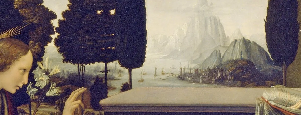 Between the cypresses a harbour and mountains dissolve in blue haze, the kind of distance Leonardo would paint all his life.