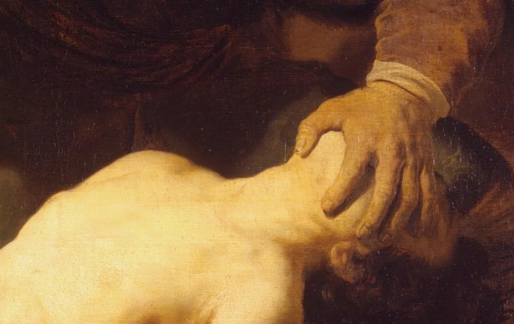 Abraham's hand covers the face completely. We see the son only as a body, the throat laid bare.