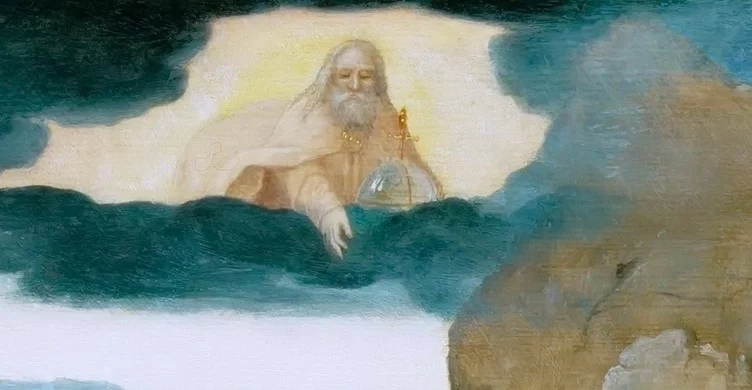 God the Father sends down the dove from an opening in the clouds.