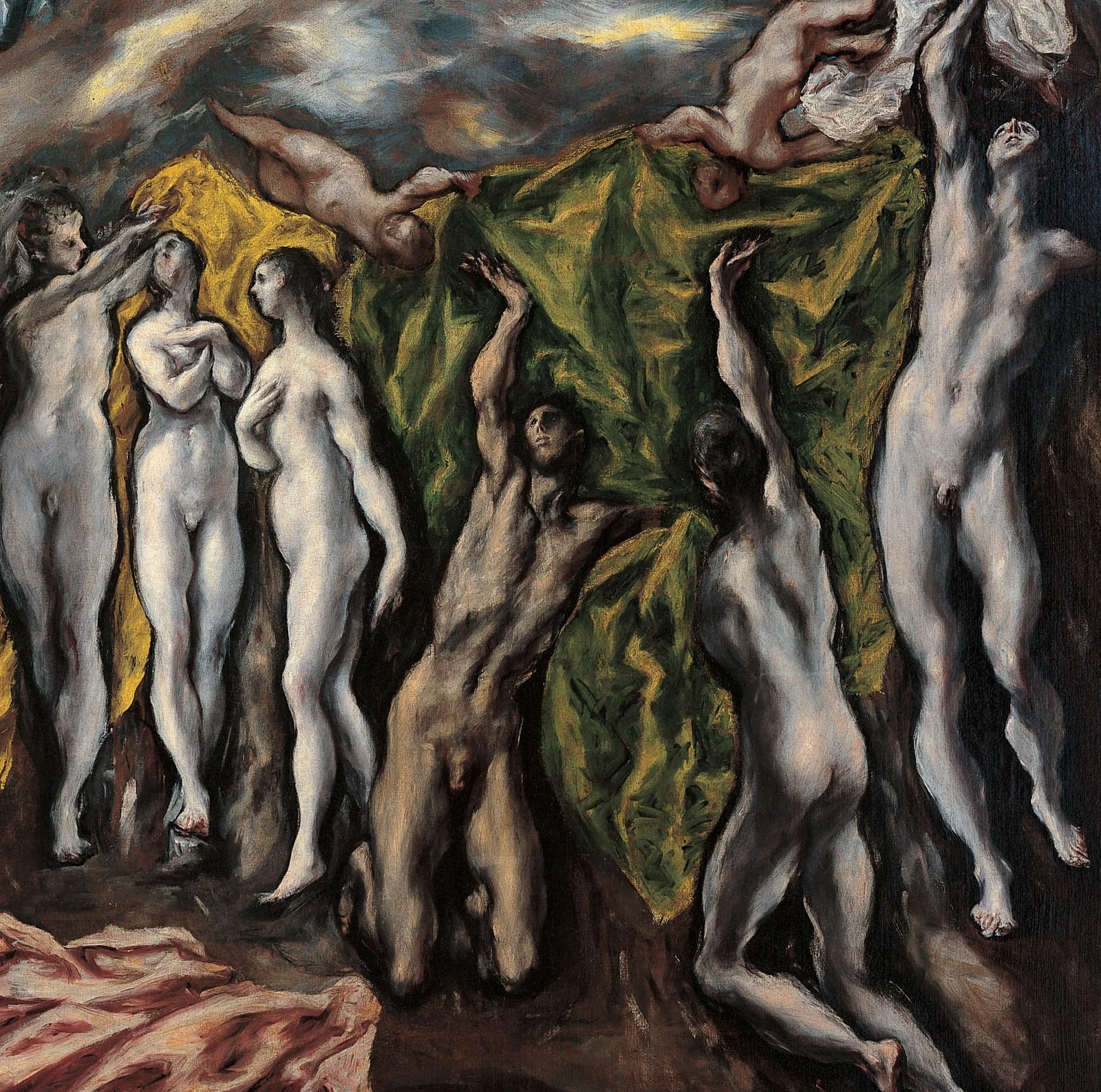 The risen bodies are pale and long, without weight. One group receives a yellow cloth, another a green one, a third a white one.
