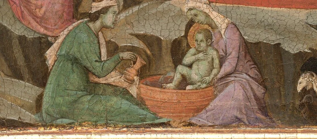 Unten baden zwei Hebammen das Neugeborene, eine Szene aus den apokryphen Evangelien, nicht aus Lukas.
