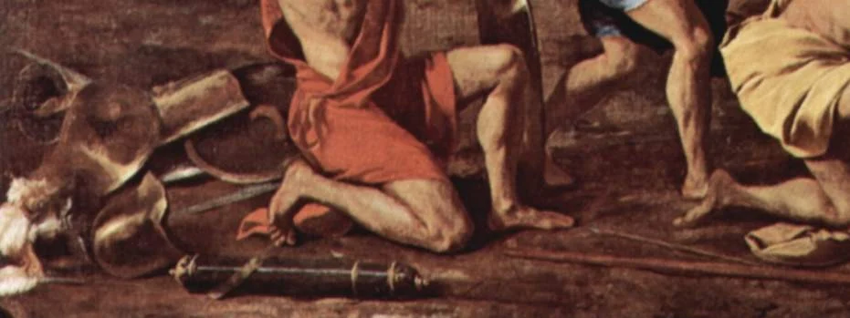 Men drag shields and armour out of the surf. Exodus says only that Israel saw the Egyptians dead upon the sea shore; the detail comes from the historian Josephus.