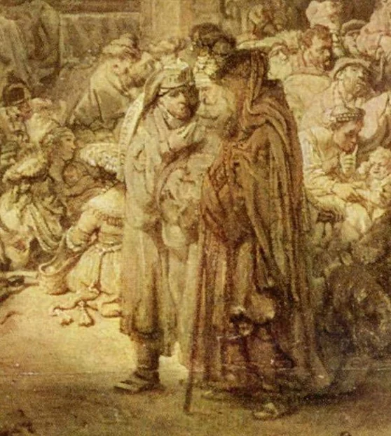 The three in the foreground are Pharisees and scribes. They argue among themselves: “O generation of vipers” is meant for them.