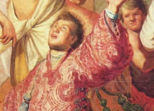 Stephen's eyes are turned upward, one hand open: “Lord Jesus, receive my spirit.”